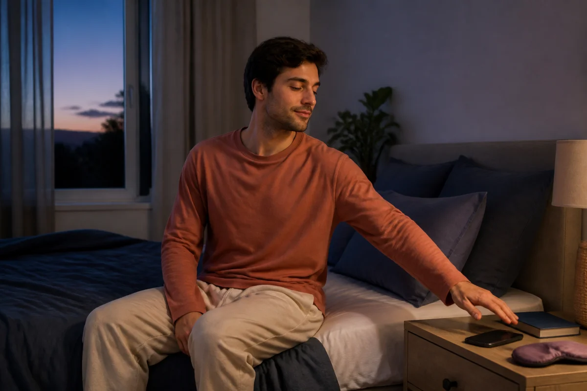 Adulte serein éloignant un téléphone éteint dans une chambre au crépuscule, favorisant sommeil réparateur et récupération