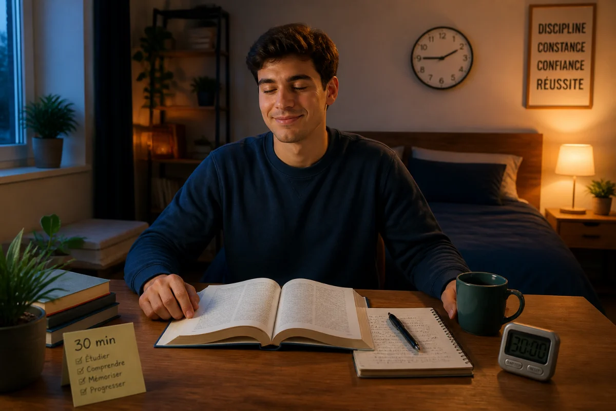 Jeune adulte terminant ses révisions dans une chambre paisible, préparant une routine favorable au sommeil réparateur et à la récupération.