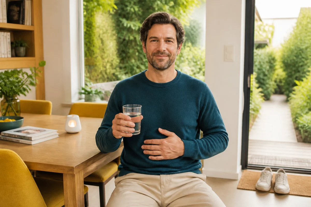 Adulte apaisant une digestion difficile après un repas, main sur le ventre et verre d’eau en main