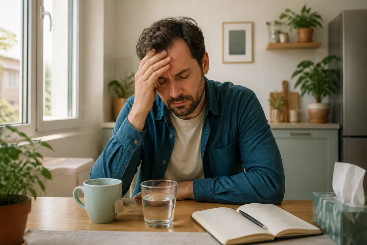 Adulte épuisé à table, main sur le front, illustrant les symptômes du burn-out et la fatigue liée au stress